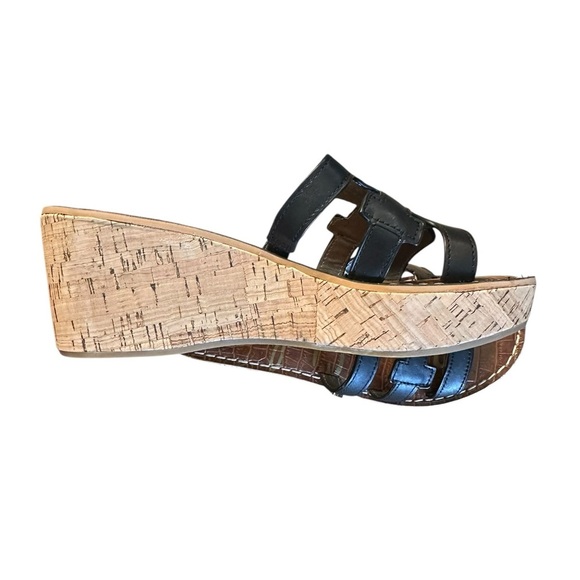NWOB Sam Edelman Black Ronie Leather Logo Wedge Sandals - Picture 7 of 9